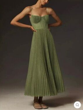 Olive Green Pleated Midi Dress